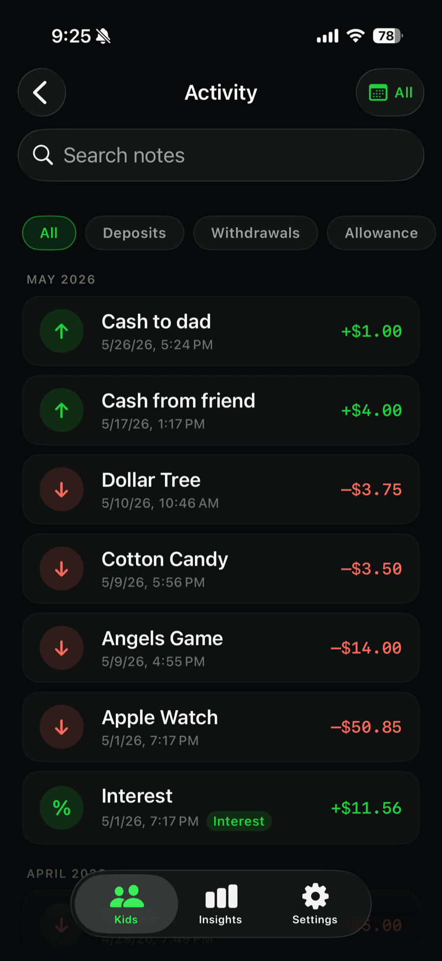 The Activity history screen in KidCash