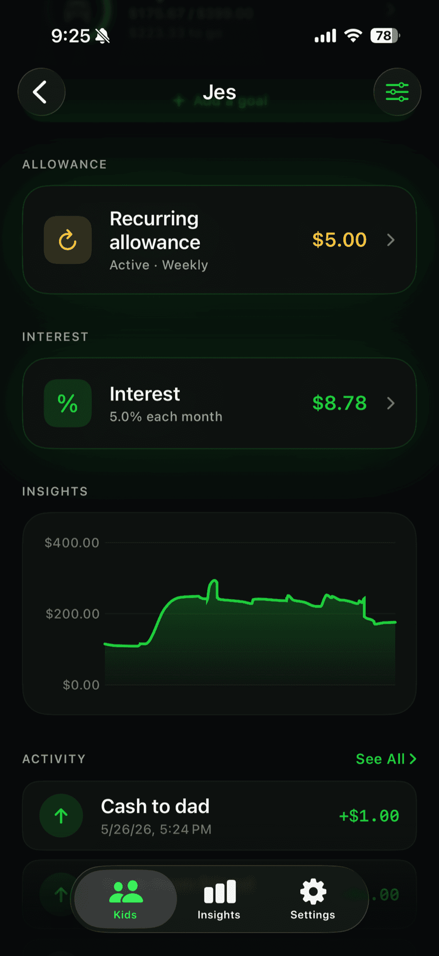The Allowance settings screen in KidCash