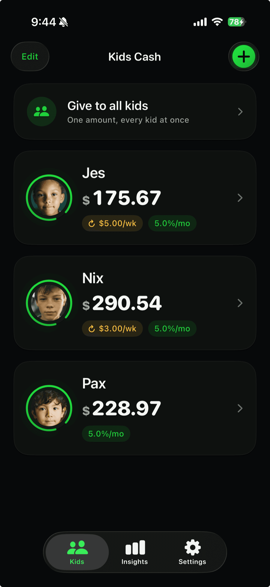 The Kids dashboard screen in KidCash