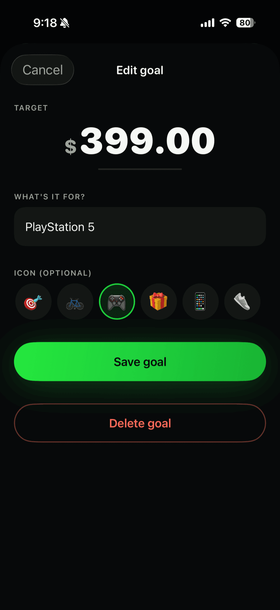 The Savings goal screen in KidCash