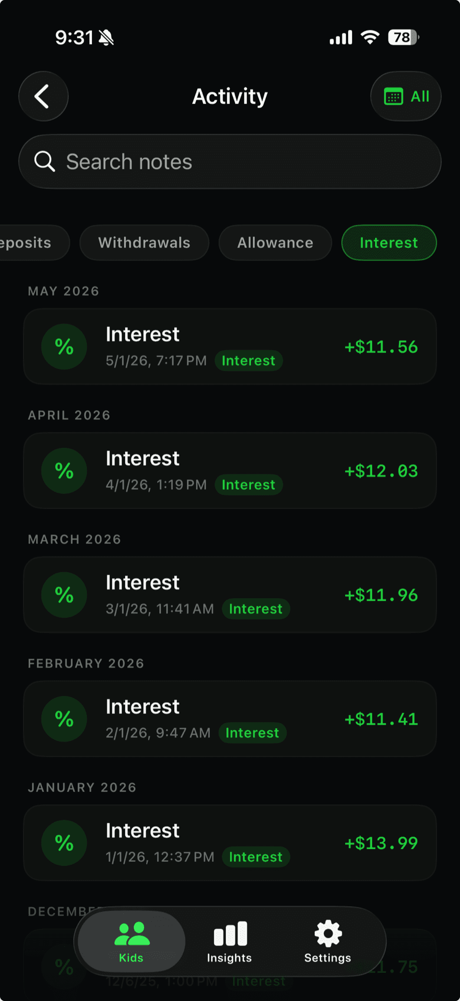 The Interest settings screen in KidCash
