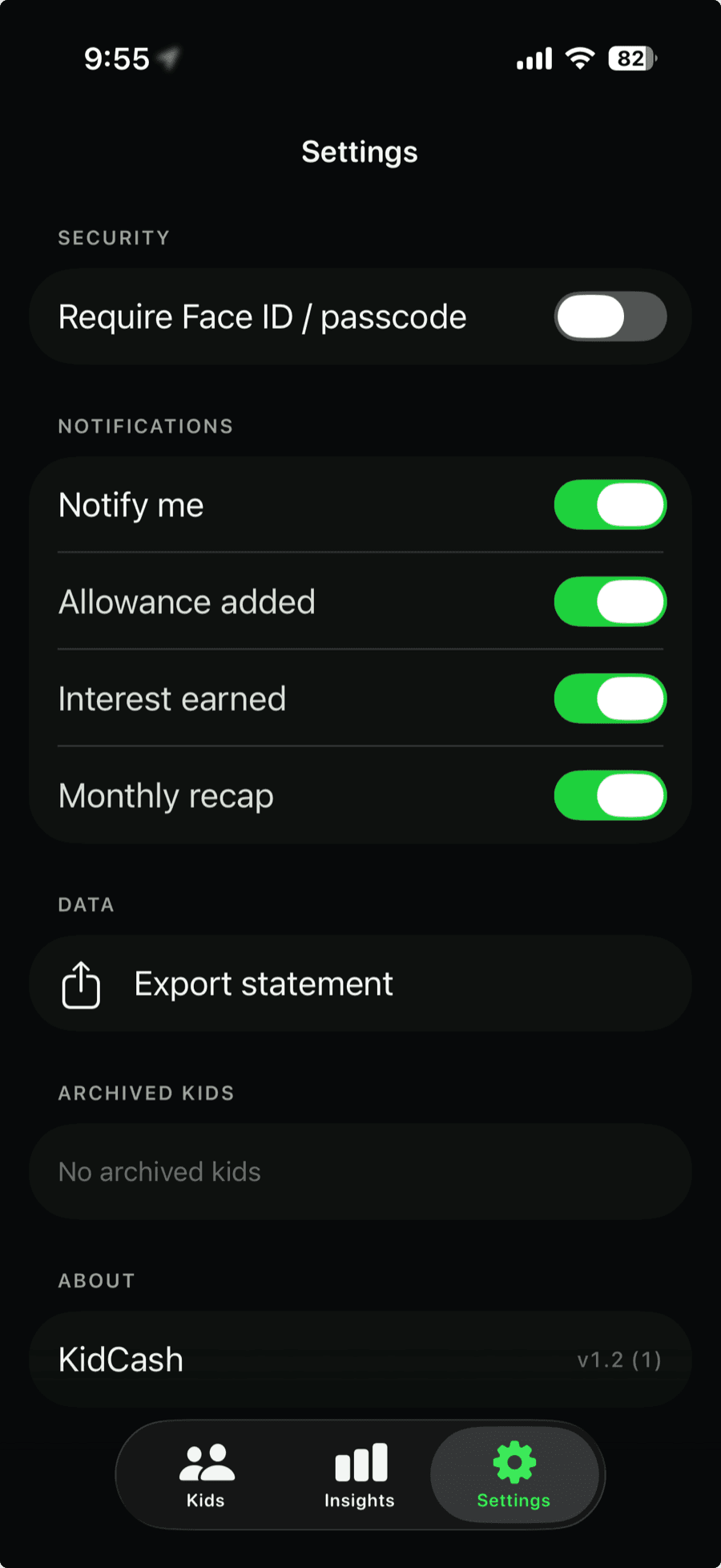 The Settings screen in KidCash